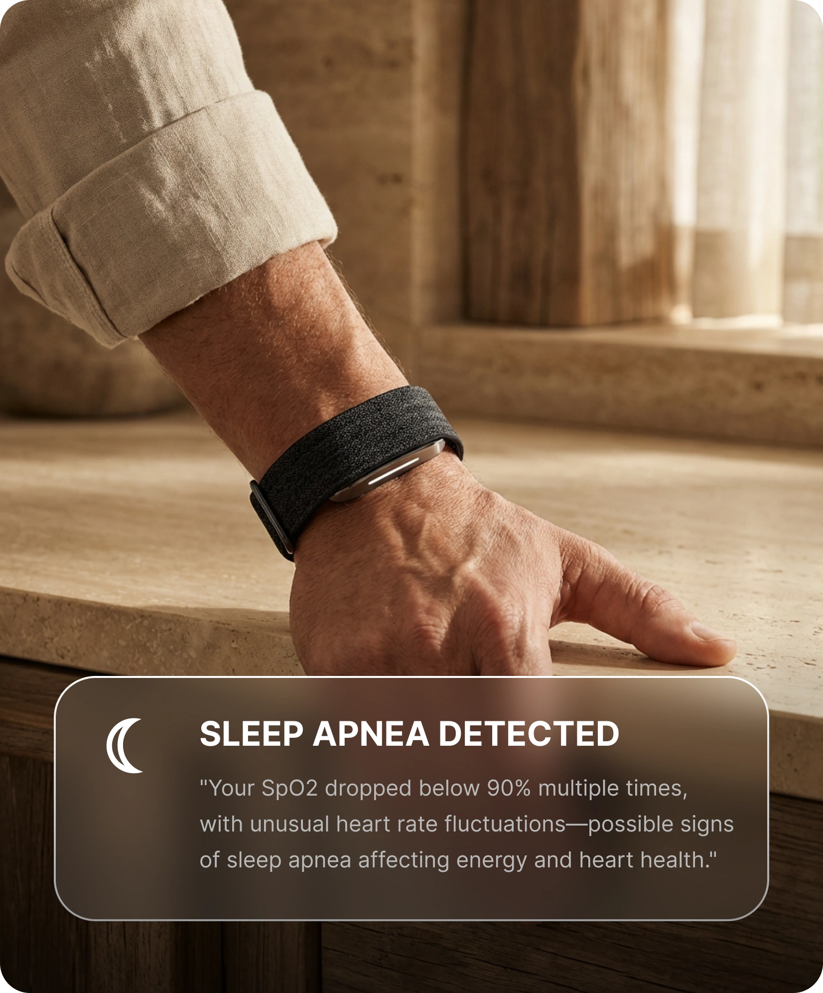 Hume app showing an early-warning alert from overnight heart-rate variability and cardiovascular-stress data